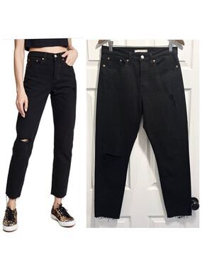 Levis Wedgie Jeans Black Distressed High Rise Frayed Raw Hem Size 28